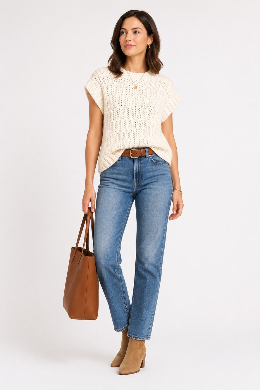 English Factory Cream Chunky Knit Sweater Short Sleeve Pullover Medium Boho